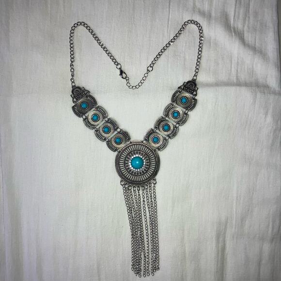 Turquoise silver pendant statement fringe necklace - Picture 1 of 3